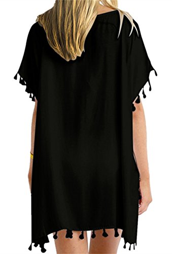 Yincro Women's Chiffon Swimsuits Beach Bathing Suit Cover Ups for Swimwear with Tassels(Black Tassel, XS) - Image 3