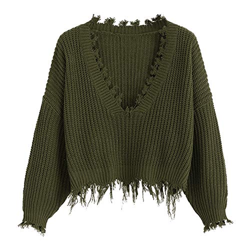 ZAFUL Women's Loose Long Sleeve V-Neck Ripped Pullover Knit Sweater Crop Top