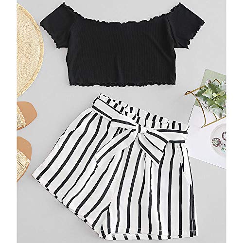 ZAFUL Women's Two Piece Outfit Off Shoulder Crop Top and Striped Shorts Set (Black, S) - Image 3