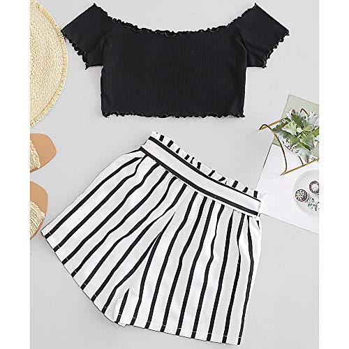 ZAFUL Women's Two Piece Outfit Off Shoulder Crop Top and Striped Shorts Set (Black, S) - Image 4