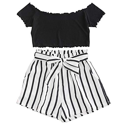 ZAFUL Women's Two Piece Outfit Off Shoulder Crop Top and Striped Shorts Set (Black, S)