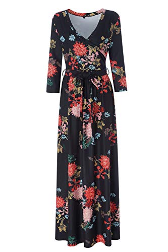 Zattcas Womens 3/4 Sleeve Floral Print Faux Wrap Long Maxi Dress with Belt