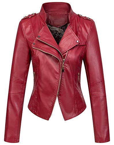 chouyatou Women's Candy Color Asymmetric Zip Slim Faux Leather Cropped Moto Jacket