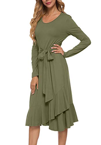 levaca Women's Plain Long Sleeve Flowy Modest Midi Work Casual Dress with Belt - Image 3