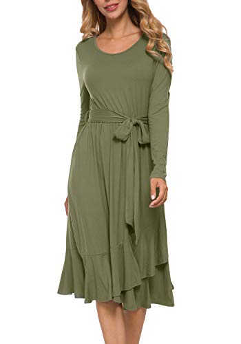 levaca Women's Plain Long Sleeve Flowy Modest Midi Work Casual Dress with Belt - Image 4