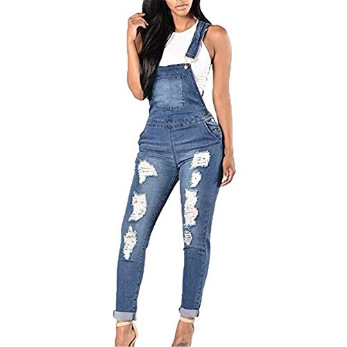 shopping denim Women's Adjustable Strap Slim Fit Ripped Distressed Stretch Long Jumpsuit Denim Bib Overalls Romper
