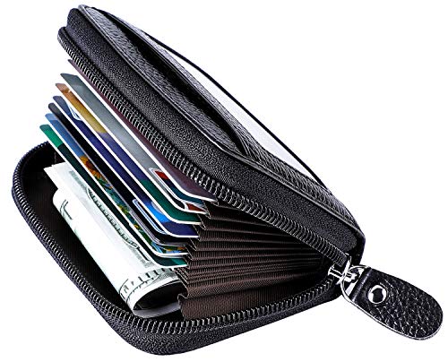 MaxGear Credit Card Wallet with Zipper, Genuine Leather Credit Card Holder with RFID Blocking Small Accordion Wallet