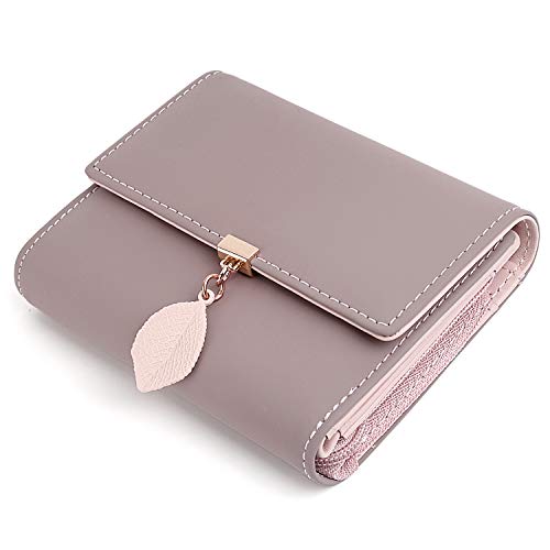UTO Wallet for Women Leather Vegan RFID Leaf Pendant Card Holder Phone Checkbook Organizer Girls Cute Zipper Coin Purse