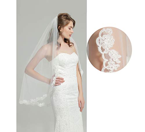 Wedding Bridal Veil with Comb 1 Tier Lace Applique Edge Fingertip Length 41" V79 Ivory White - Image 6